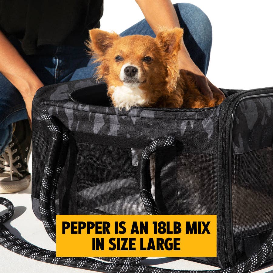 ROVERLUND - OUT-OF-OFFICE PET CARRIER PRO EDITION: BLACK CAMO / BLACK / LARGE - UP TO 25LBS